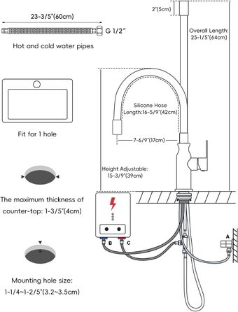 Кран кухонний APPASO 3-х ходовий чорний, 3 в 1 з фільтром, 360° поворотний, 2 ручки, нержавіюча сталь, низький тиск