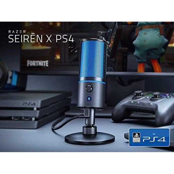Razer Seiren X для PlayStation - USB конденсаторний мікрофон для стрімінгу PS4/PS5 (чорно-синій) з антивібраційним кріпленням та кнопкою вимкнення звуку