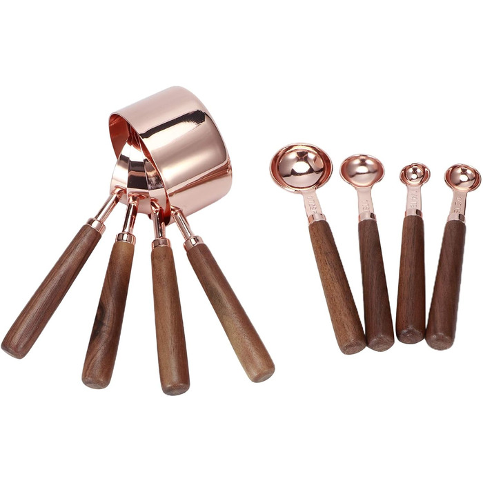 8-Piece Measuring Cup and Spoon Set, Baking Measuring Cups, Spoons with Wooden Handles, Cups and Spoons, Accurate Measuring Spoon for Measuring Dry and Liquid Ingredients