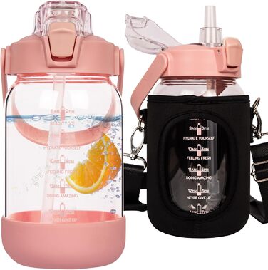 2l Glass Bottle | Drinking Bottle Glass with Straw & Time Marking, Leak-Proof 2 Liter Large Glass Water Bottle for Smoothies, Carbonated Drinks Suitable, Dishwasher Safe (Pink, 1000 ml)