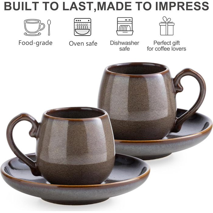 Набір чашок для еспресо LYEOBOH з блюдцями (6 шт.), 85 мл, кераміка, білий (коричневий)