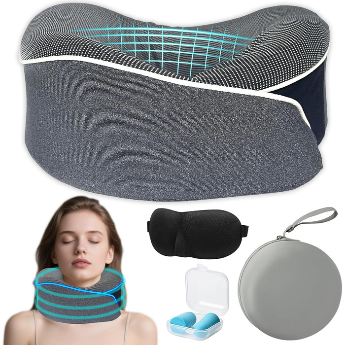 Подушка для шиї у літак, 360° - ергономічна подушка для подорожей з memory foam, набір для дорослих (з коробкою, маскою для очей та навушниками) чорного кольору