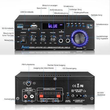 KKMOL AK45 Міні Hi-Fi стерео підсилювач Bluetooth, 400 Вт, 2-канальний, цифровий аудіо підсилювач з USB, SD, радіо, пультом, 12V/220V