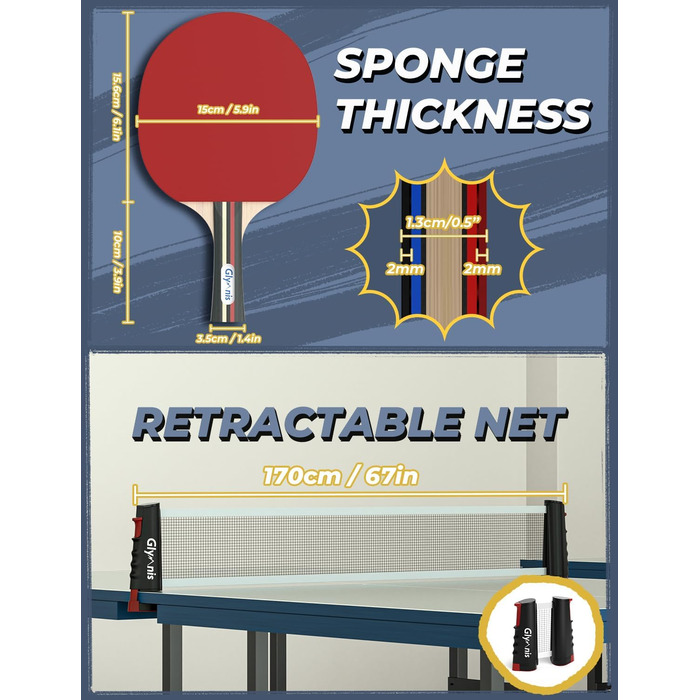 Набір для пінг-понгу Glymnis: портативний, з мережею, ракетками та м'ячами (3 зірки)