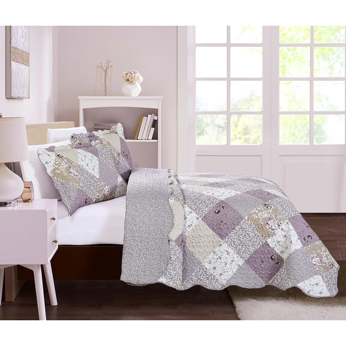 Комплект стеганих ковдр Brilliant Sunshine Grey Heart Love Patchwork (2 шт.) з чохлом для подушки, двостороння покривало, м'яка легка ковдра, всесезонна ковдра для двоспального ліжка (Фіолетовий)