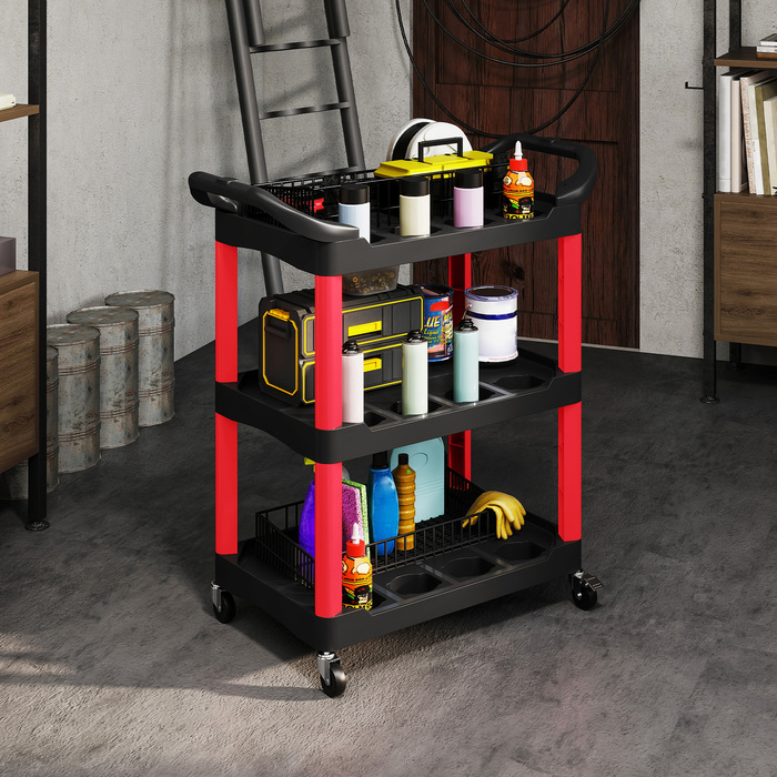 HOMCOM 3-Tier Workshop Utility Cart, Tool Cart with Handle, Hook Holes for Tools, Assembly Cart for Garage, Warehouse, Maximum Load Capacity 91 kg, Red+Black | Aosom