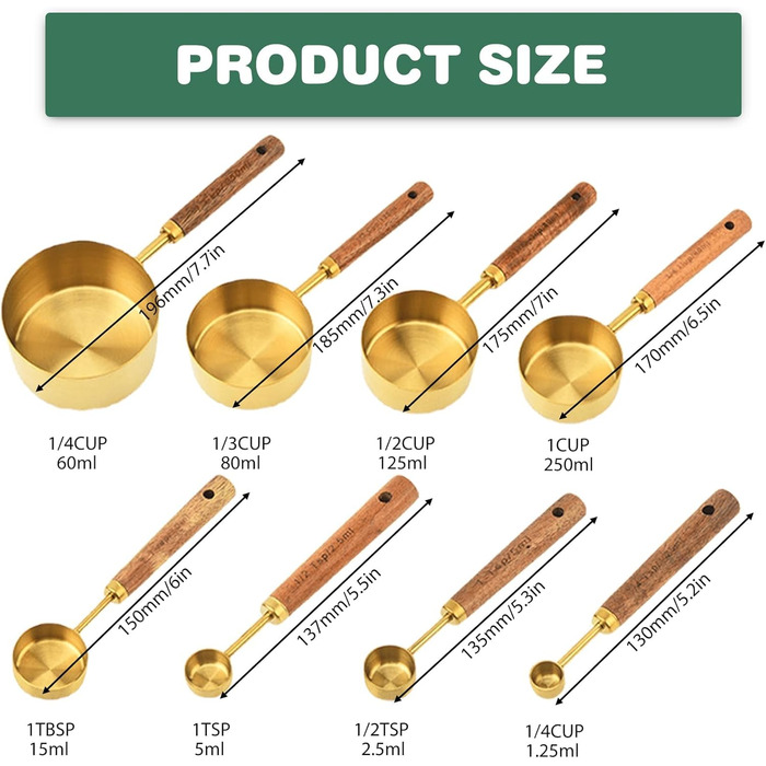 Набір мірних стаканів і ложок 8 шт, нержавіюча сталь золото з дерев'яною ручкою, метричні та американські одиниці, для приготування їжі, випічки та напоїв (60мл - 250мл)