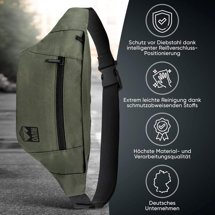 RUVO® Поясна сумка через плече для чоловіків та жінок | стильна сумка на пояс з 4 відділеннями на блискавці | підходить для будь-яких активностей, оливковий колір