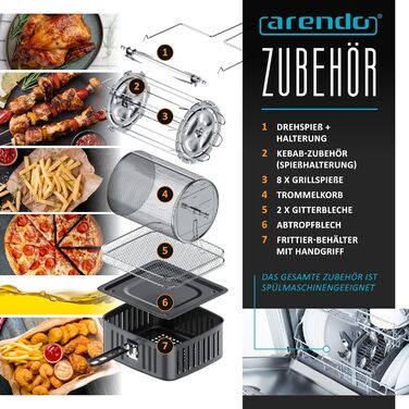 Arendo 4-в-1 аерофритюрниця 12 л, гриль, дегідратор, духовка, LED-екран, без олії, для піци, курки, картоплі, BPA-free