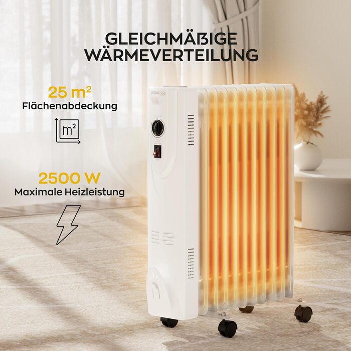 Електричний масляний радіатор Heinrich з 13 ребрами, 2500W, з вентилятором, терморегулятором, захистом від перегріву та нахилу, чорний (білий 11 ребер)