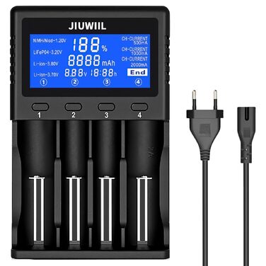 Зарядний пристрій JIUWIIL для акумуляторів 18650, 26650, Li-ion, LiFePO4 з LCD-дисплеєм - 4 слоти, швидка зарядка