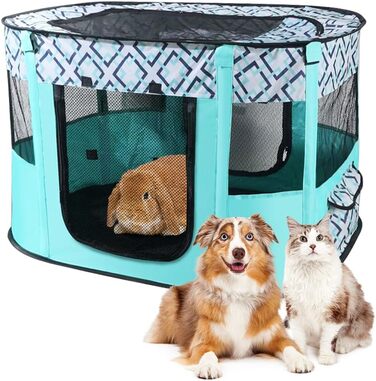 Клітка-забіг для цуценят та собак, складана, 70x55x40 см, зелена в клітинку