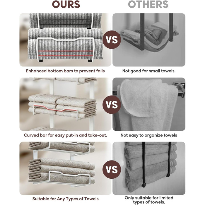 Настінний тримач для рушників на двері, 6 секцій, без свердління, для маленьких ванних кімнат, білий (8 тварин)