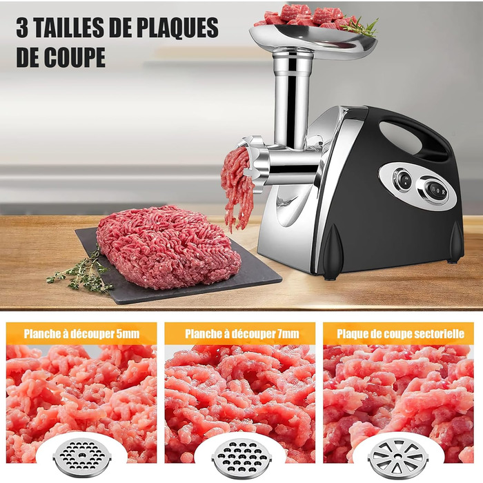 Electric Meat Grinder 2800W 3-in-1 Stainless Steel Meat Grinder with 3 Plates (3mm, 5mm, 7mm), Kubbe Attachment & Sausage Stuffer, 80kg/hr - Black