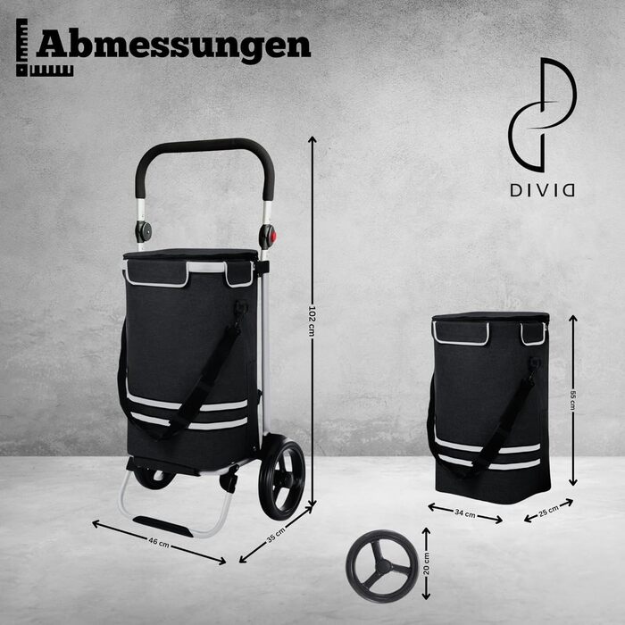 DIVID® Торговий візок з інтегрованою платформою, об'єм 56 літрів, вантажопідйомність до 50 кг, складний, сумка через плече та відділення для охолодження, чорний