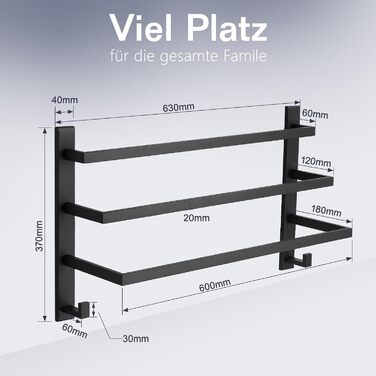 Тримач для рушників без свердління для ванної кімнати | Без бактерій | Приховані шурупи | Тримач для рушників з гачками - нержавіюча сталь SUS 304, чорний