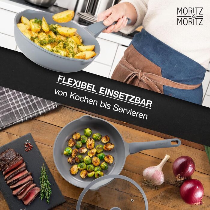 Сковорода Moritz & Moritz 26 см з кришкою, антипригарне покриття, Soft-Touch ручка, для смаження, тушкування, варіння на пару, підходить для всіх типів плит (сіра)