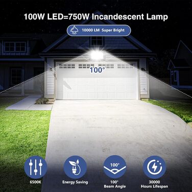 Світлодіодний прожектор 100W для вулиці, 10000Лм, 144 LED, IP65, 6500K, водонепроникний ліхтар для саду, двору, гаража, вхідних дверей