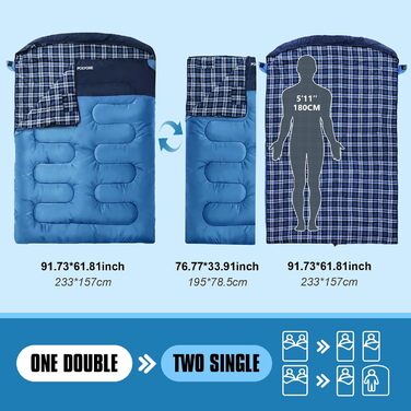 Спальний мішок для двох дорослих з флісу, зимовий, з подушками та сумкою для перенесення, 233*157 см (Блакитний)