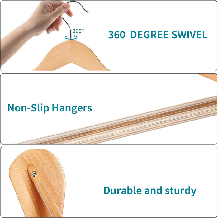 ABHENG Wooden Clothes Hangers, 10-Piece Suit Hangers, 360° Swivel Hook, for Jackets, Shirts, Suits, Coats, 44 x 5.5 x 23 cm (L x W x H), Natural Color AWY0410N