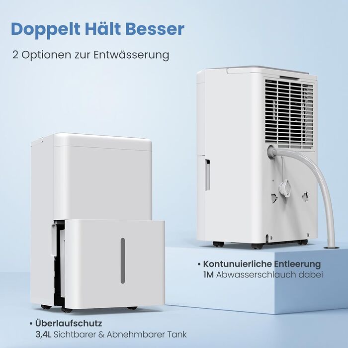 Зволожувач повітря Newentor 25л/день - 270W, для приміщень до 80м², 10 років гарантії, для підвалів, з 2м шлангом, знімний фільтр, таймер