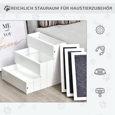 PawHut Pet Stairs 3 Steps Cat Stairs Pet Stairs Dog Stairs for Dogs and Cats Pet Stair Entry Aid with Carpet Storage for Sofa Bed Fir Wood 40.5 x 44.5 x 38 cm (White)