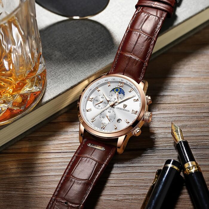 Годинник чоловічий LIGE Retro з шкіряним ремінцем, 3ATM водостійкий, аналоговий, з функцією свічення, фази місяця, з датою, коричнево-білий, хронограф