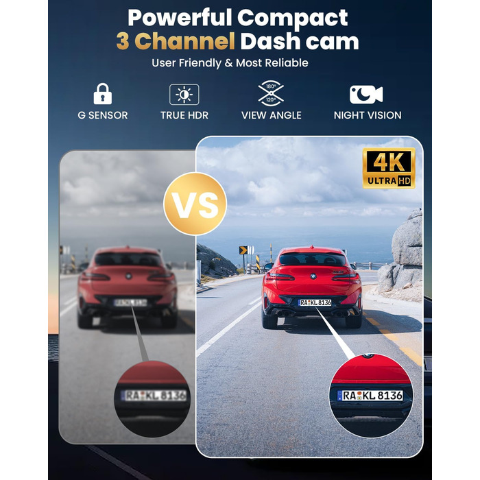 3-канальний 4K відеореєстратор для авто з камерою заднього виду, Wi-Fi, G-сенсором та нічною зйомкою, 4K+1080P+1080P, 64GB SD-карта в комплекті