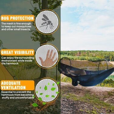 Ультралегка туристична гамак NATUREFUN з москітною сіткою, нейлон парашутний, до 300 кг, дихаючий, швидковисихаючий, 2 карабіни, 2 стропи, синій