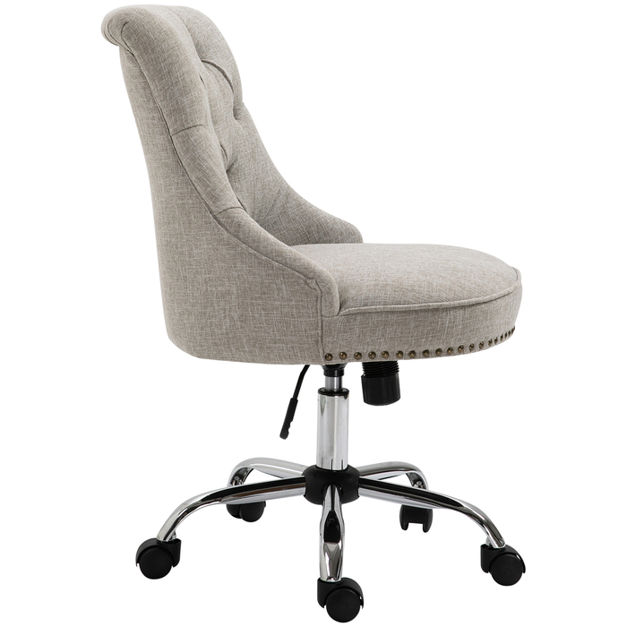 HOMCOM Swivel Upholstered Chair Ergonomic Office Chair Height Adjustable Retro Design Up to 150 kg Linen Light Grey 54x65.5x84-91 cm