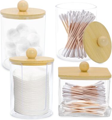 Набір ватних паличок з прозорого акрилу (4 шт.) з дозатором та контейнером для зберігання, для ванної кімнати та косметики