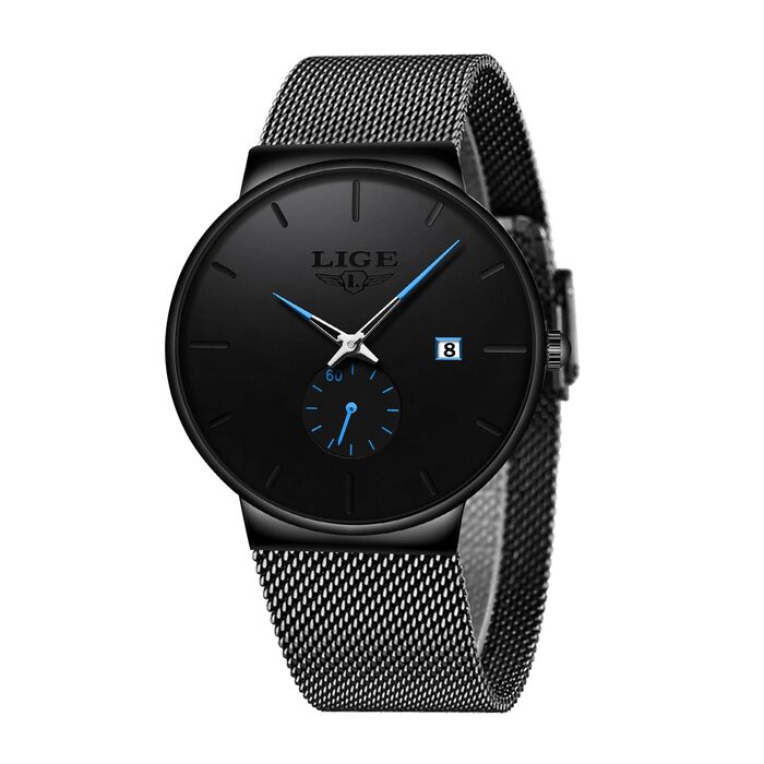 Годинник чоловічий LIGE Retro з нержавіючої сталі, водонепроникні, аналогові, кварцові, з датою, стильні, для бізнесу та повсякденного носіння, чорний / синій