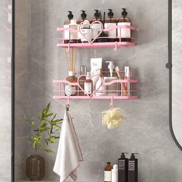 Двостороння поличка для душу без свердління, рожева, з 4 гачками, 11.5 см - органайзер для шампуню та мила
