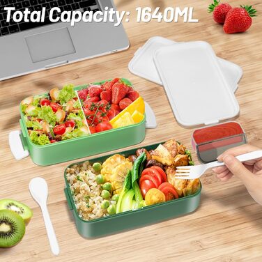Anykuu Lunchbox 1600ML Lunchbox with 2-4 Flexible Compartments Bento Box with Spoon, Fork & Spice Box Lunchbox for Kids for Microwave, Dishwasher Lunchbox Kids for School, Work, Picnic, Green