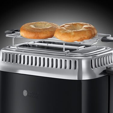 Russell Hobbs Toaster [for 2 slices] Retro Stainless Steel Black (Retro-style countdown display, including bread roll attachment, 6 browning levels + defrost & reheat function, 1300W) Vintage 21681-56