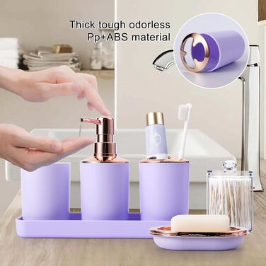 9-Piece Bathroom Accessories Set – Trash Can, Soap Dispenser Set, Soap Dish, Toilet Brush with Holder, Toothbrush Holder, Cup, Tray, Cotton Swab Holder, (Violet Bathroom Set + Shower Curtain + Rugs)