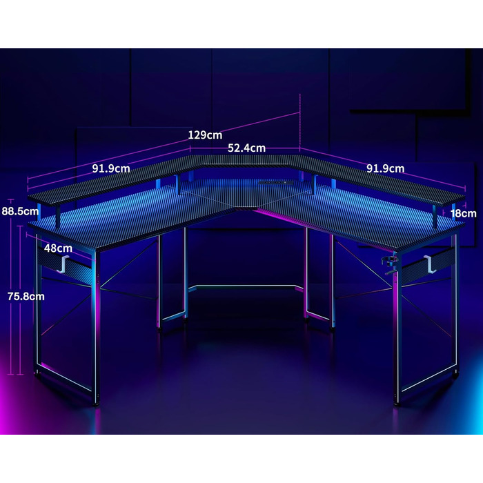 Ігровий стіл ODK 129x129 см з LED підсвіткою, розетками і USB, комп'ютерний стіл з великою полицею для монітора, карбон, чорний