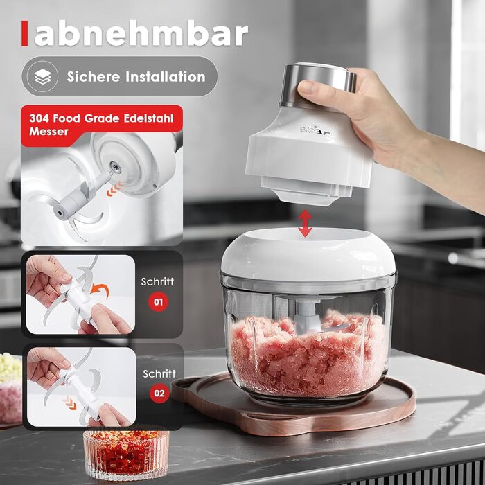 Електричний міні-чопер Bear 0.6L+2L: подрібнювач/м'ясорубка з 4-ма лезами з нержавіючої сталі, скляний контейнер для м'яса, дитячого харчування, фруктів та овочів