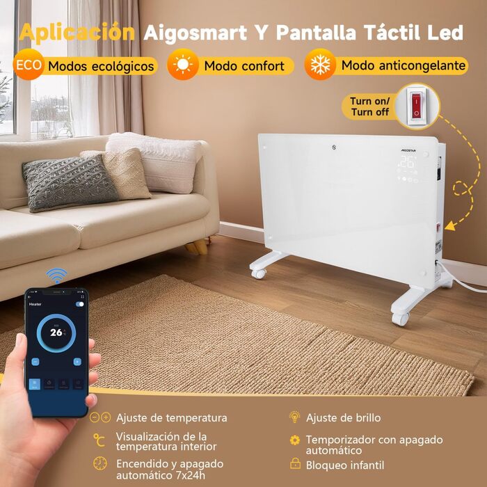 Електричний конвектор Aigostar з термостатом та Wi-Fi, 2000W, чорний (білий, 2 шт.) - для кімнат до 30 м²