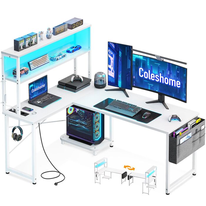 Ігровий стіл Coleshome L-подібної форми з LED-підсвічуванням та розетками, 135 × 100 см. Реверсивний кутовий стіл з полицями для зберігання, з сумкою для дому та ігор. (135×100 см, Білий)