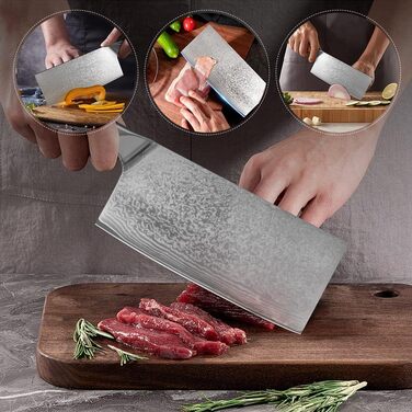 Ніж кухарський Дамаск Шарф: професійний ніж для м'яса з дамаської сталі, ручна робота, з антиковзним дерев'яним руків'ям, у подарунковій коробці