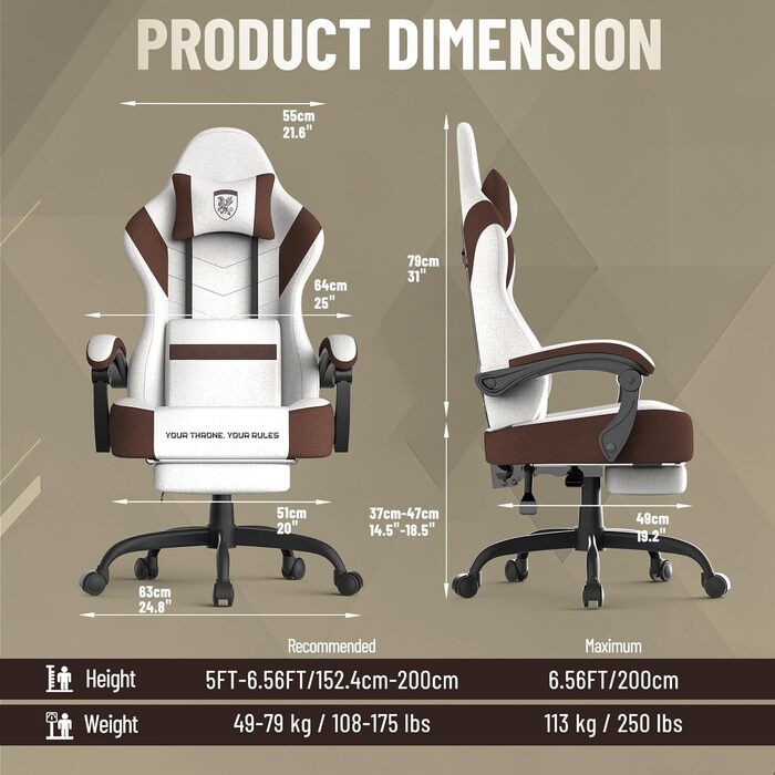 Ігрове крісло Ferghana Ergonomic Gaming Chair з дихаючої тканини, регульованою підголівником та поперековою підтримкою, офісне крісло для геймерів та роботи, Бежево-коричневе