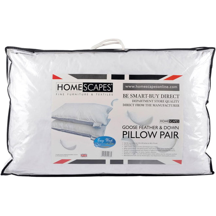 Homescapes 2-Pack Pillows, 48 x 74, high-quality goose down and feather pillows, sleep pillows certified by Responsible Down Standard and Oeko-Tex, with 100% cotton cover