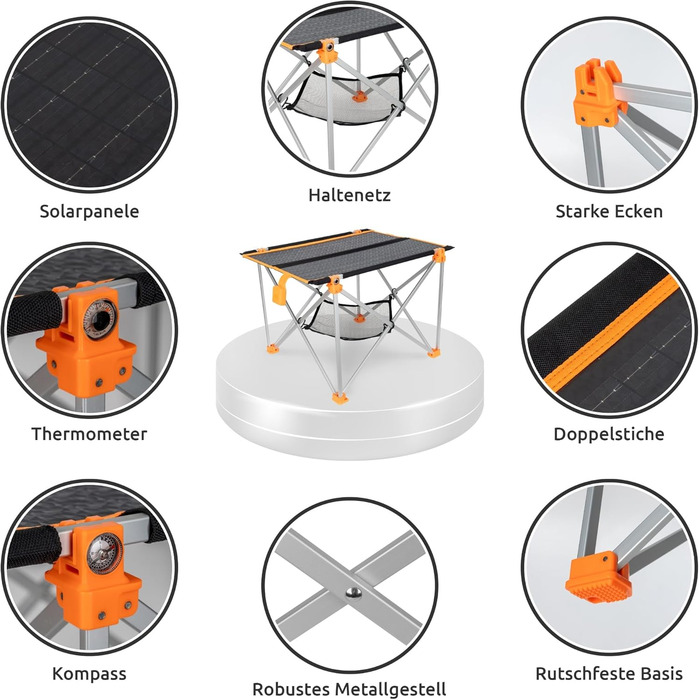 Сонячний складаний стіл з сонячною панеллю 33W та USB-зарядом для телефону | Легкий туристичний стіл для кемпінгу та відпочинку на природі