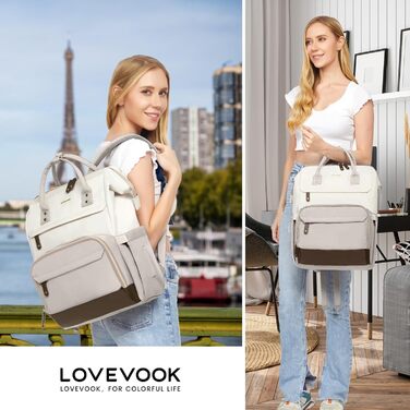 Рюкзак LOVEVOOK для жінок з відділенням для ноутбука 15.6 дюймів. Шкільний рюкзак для дівчат, підлітків, студентів. Водостійкий рюкзак для школи, подорожей, університету, бізнесу. Колір: бежевий + коричневий