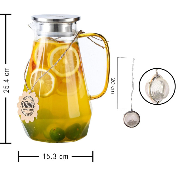 Скляний графин Smiths Mason Jars 1.8 л з інфузором і двосторонньою кришкою — універсальний графин для води, чаю та напоїв, стильний дизайн, підходить для гарячих і холодних напоїв