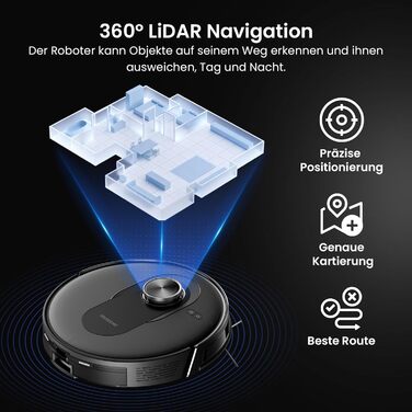 Робот-пилосос Proscenic Q8 Max+ з функцією миття, 8000Pa, 200 хвилин роботи, 3L пилозбірник, Lidar-навігація, уникнення перешкод, керування через додаток та голосове управління, для твердих поверхонь та килимів