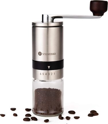 VIENESSA Coffee Grinder Manual/Hand with Ceramic Burr | manual coffee and espresso grinder with 6 grind settings | hand coffee grinder made of stainless steel and glass container + E-Book (silver)