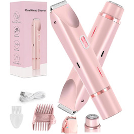Електричний тример для бікіні для жінок, 2-в-1, рожевий. Тример для тіла, обличчя, брів, вусів, бороди, рук та ніг. Вологостійкий IPX7, для сухого та вологого використання.
