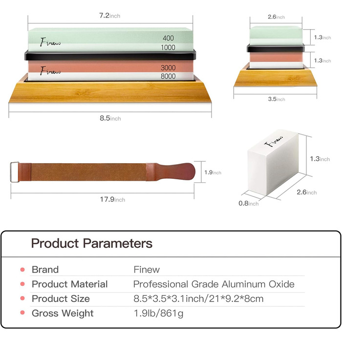Набір для заточування ножів Schleifstein, двосторонній 400/1000/3000/8000 гріт, з відточувальним каменем, бамбуковою основою, кутовою направляючою, шкіряним ремінцем та полірувальною пастою